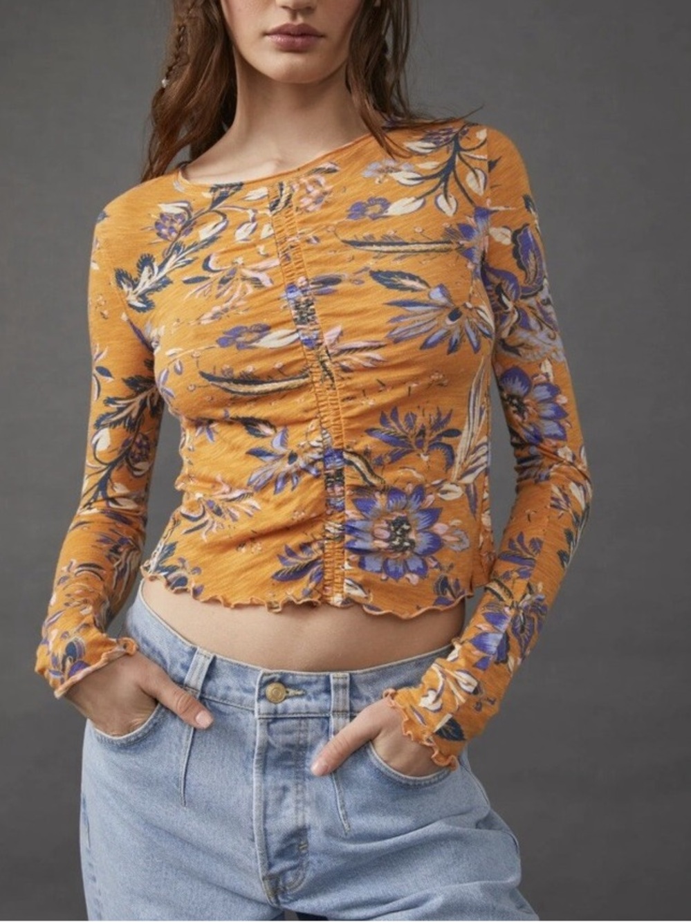 Free People We The Free "Dreamed of You" Floral Ruched Long Sleeve Top Size S